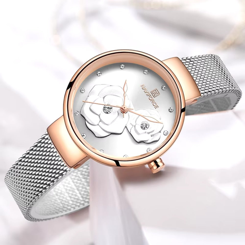 Women Watch Steel Mesh Waterproof Ladies Watches Flower Quartz Female Wristwatch Charming Girl Watch