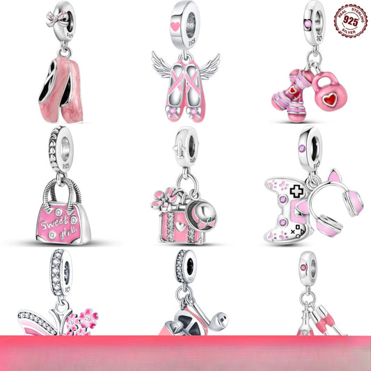 925 Sterling Silver Dance Shoes Butterfly Pink Charms Beads Fit DIY Bracelets