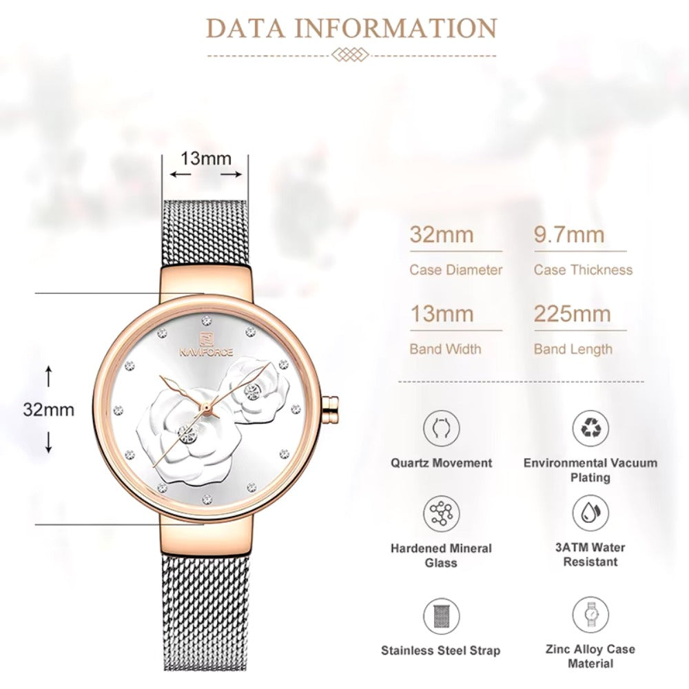 Women Watch Steel Mesh Waterproof Ladies Watches Flower Quartz Female Wristwatch Charming Girl Watch