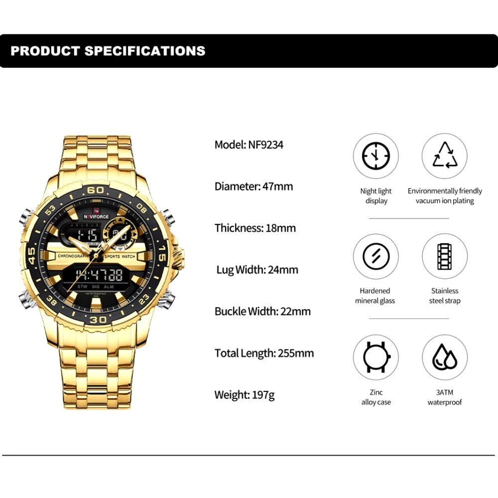 Men's Watch Luxury Waterproof Sport Chronograph Quartz Wristwatches Digital Date and Week Watch