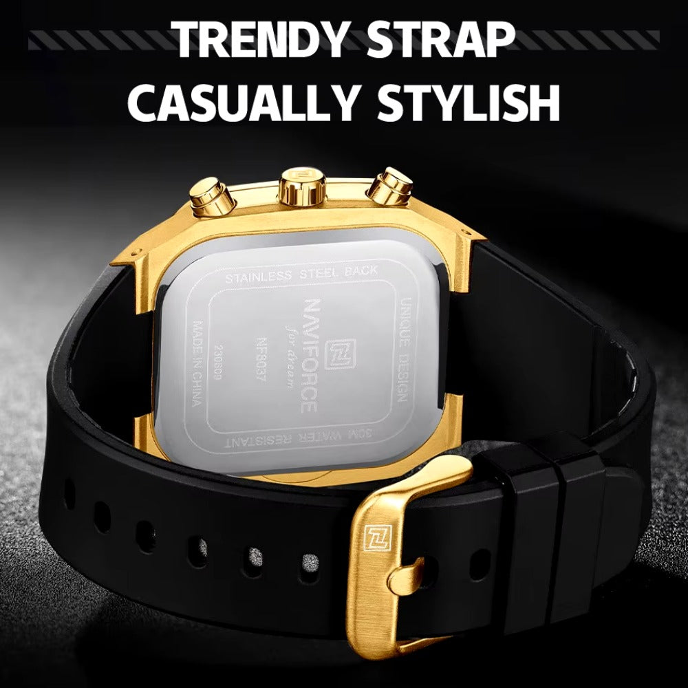 Gold Watches for Men Fashion Silicone Strap Quartz Square Wristwatch Waterproof Luminous hands Date Wach