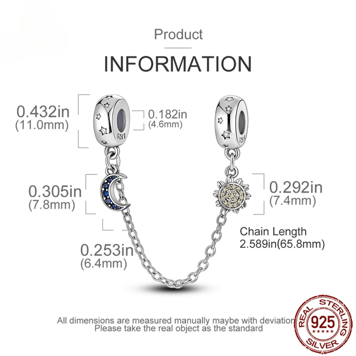 925 Sterling Silver Safety Chain Charm Fits Bracelets Women Jewellery Gift