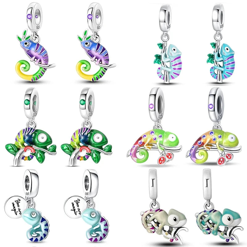 Silver Colorful Luminous Chameleon Charms Beads