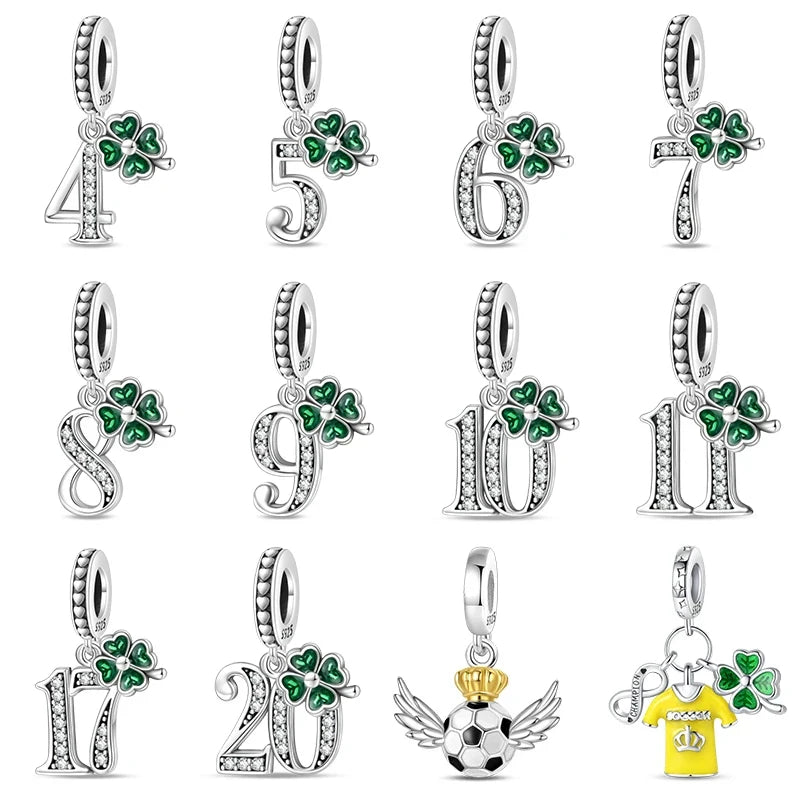 Silver Four Leaf Clover Lucky Numbers Soccer Charms Pendants