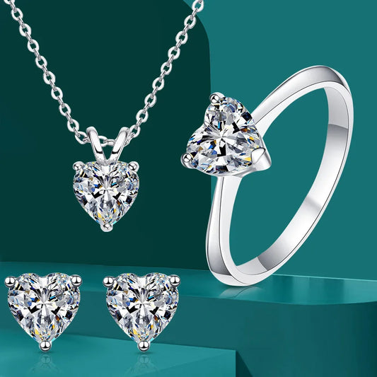 Heart Cut Zirconia Jewelry Set - Silver Engagement Ring, Earrings & Necklace