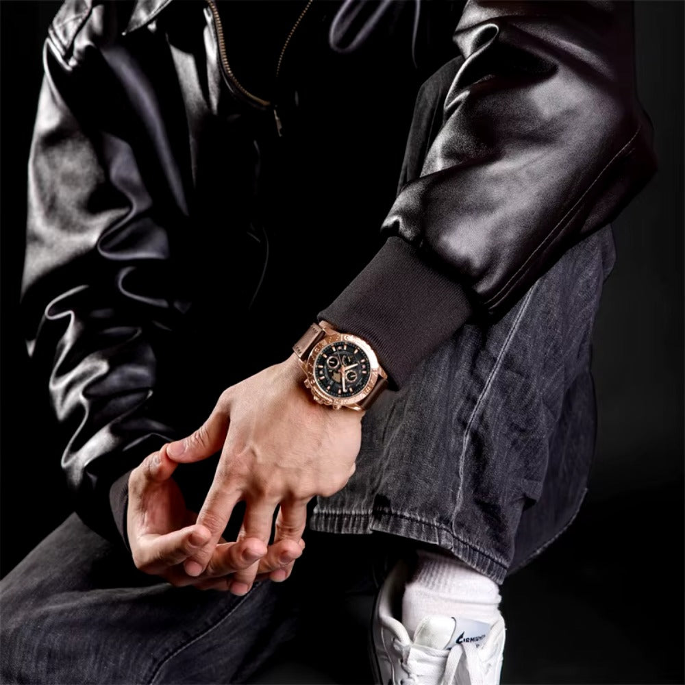 Sport Watches for Men Leather Strap Luxury Chronograph Military Quartz Wristwatch Fashion Casual Waterproof Watch