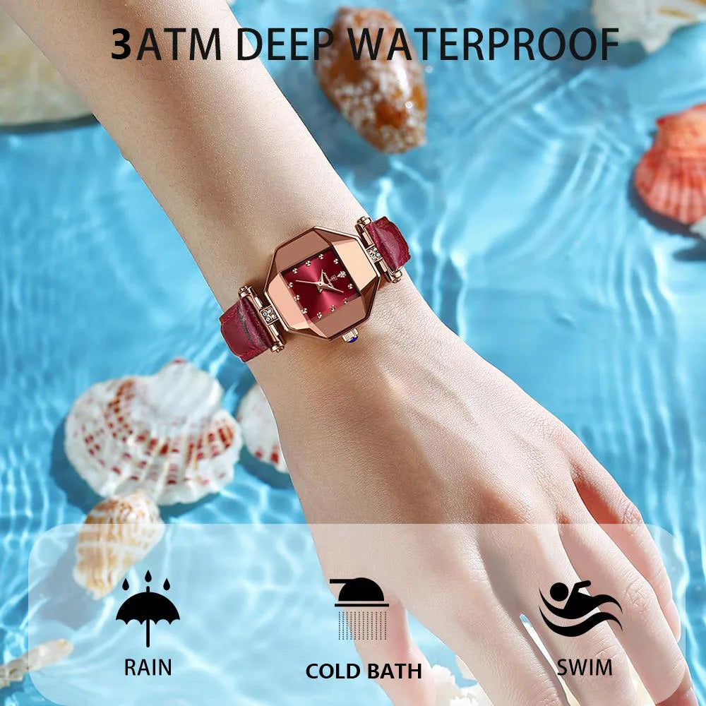 Quartz Watch Girl's Elegant Fashion Red Dial Waterproof Ladies Leather Watches Women High Quality