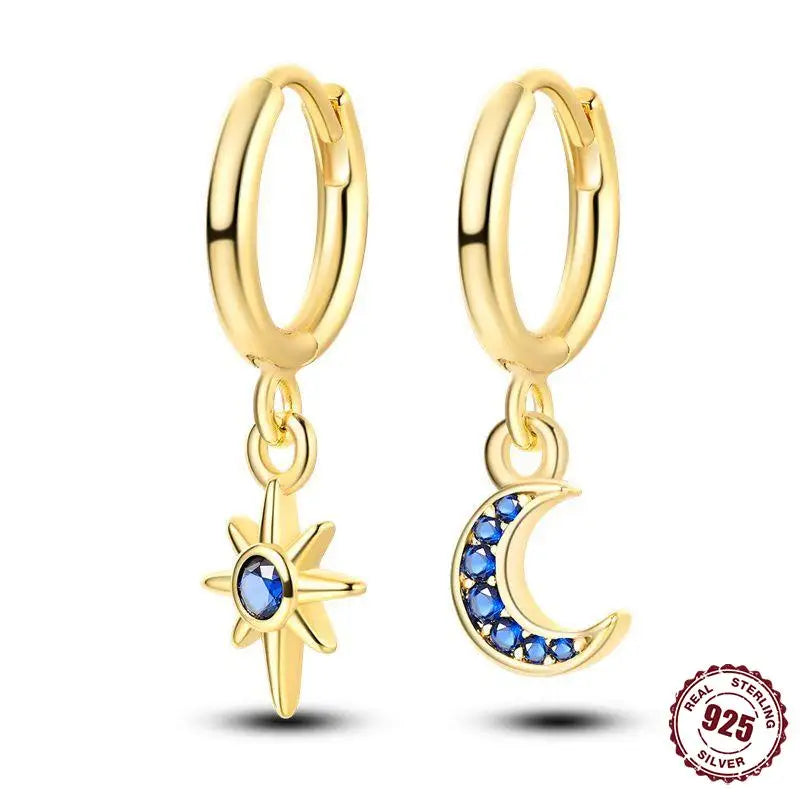 925 Sterling Silver Gold Sun Moon Star Heart Drop Earrings Women Wedding Gifts