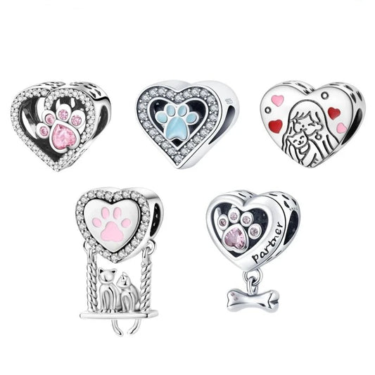 925 Sliver Plated Heart Shaped Pet Cat paw Charms Beads Fit Bracelets