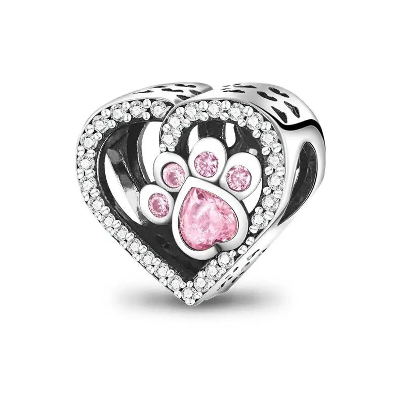 925 Sliver Plated Heart Shaped Pet Cat paw Charms Beads Fit Bracelets