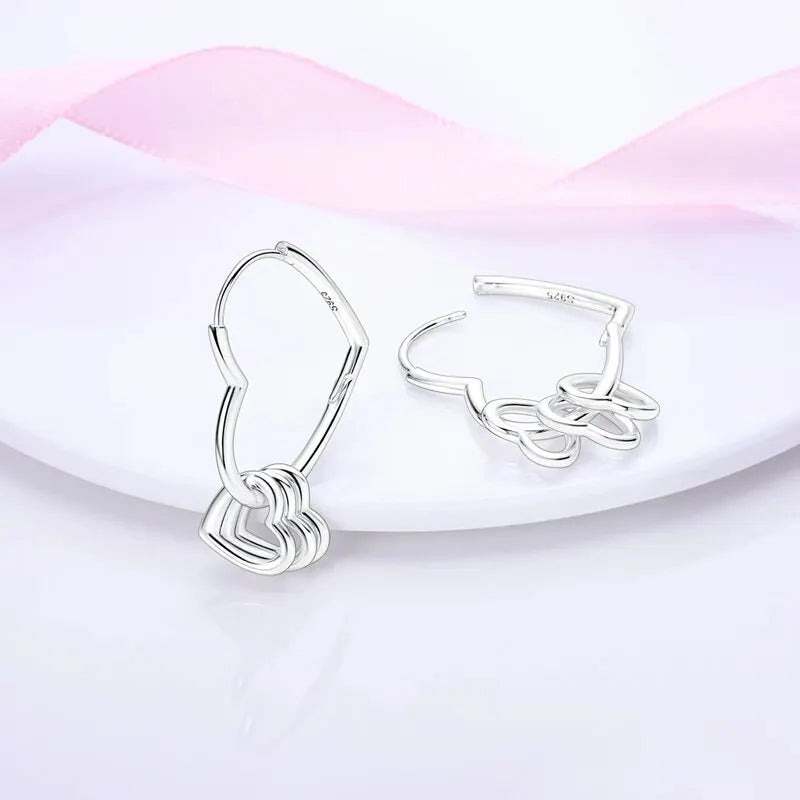 Silver Multicolor Heart-Shaped Multi-Ring Earrings Simple Fine Jewelry Women Girls Fashion Party Gift