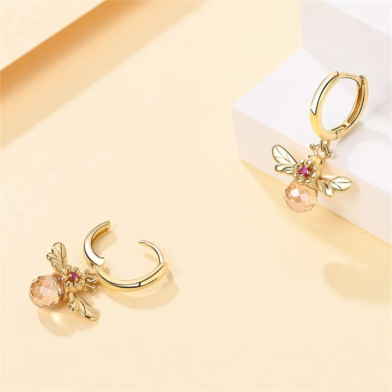 Silver Bee Series Hoops Inlaid Zircon Earrings For Women Fashion Wedding Party Gift fine Jewelry