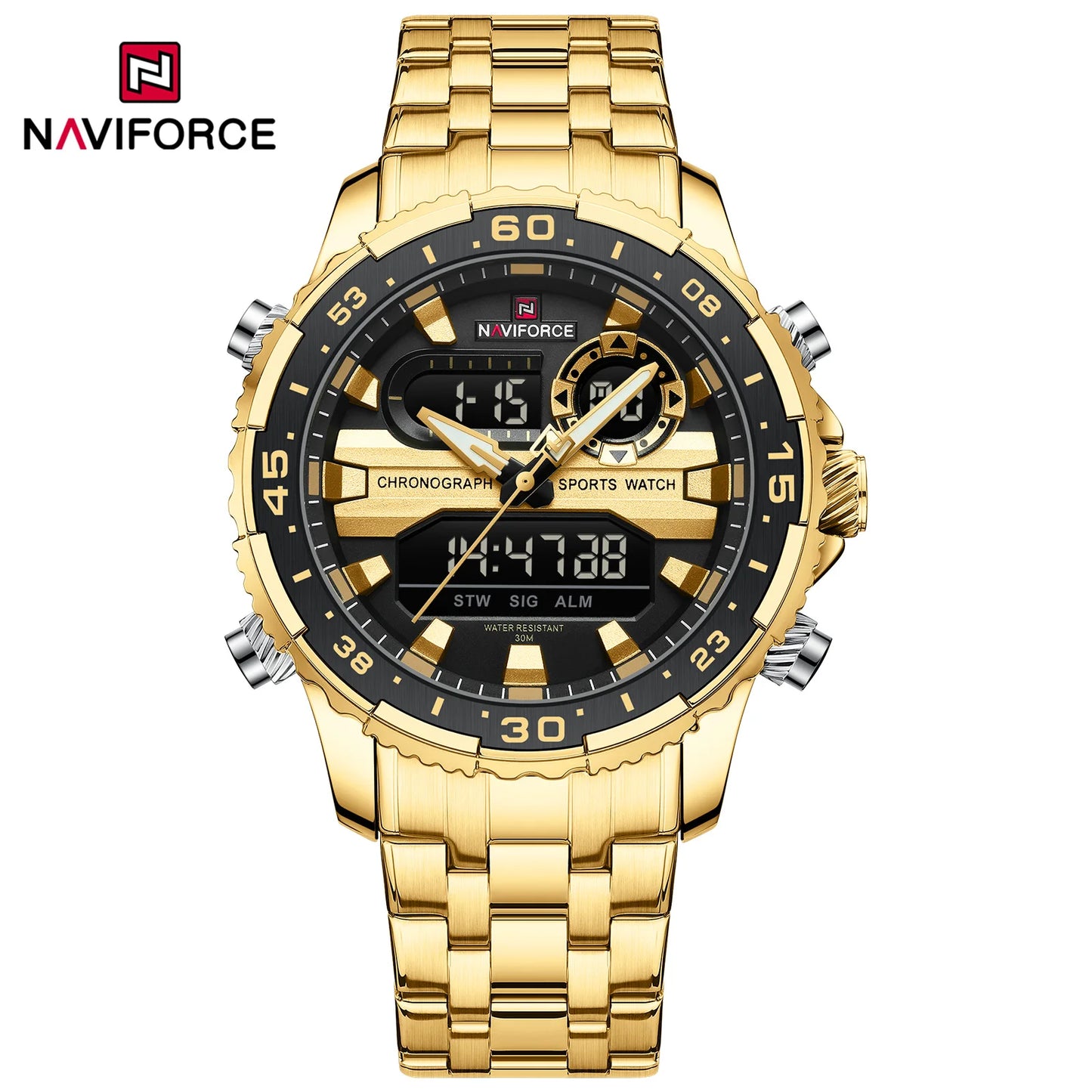 Men's Watch Quartz Analog LCD Digital Wristwatch Male Stainless Steel Strap Water Resistant Date Watch