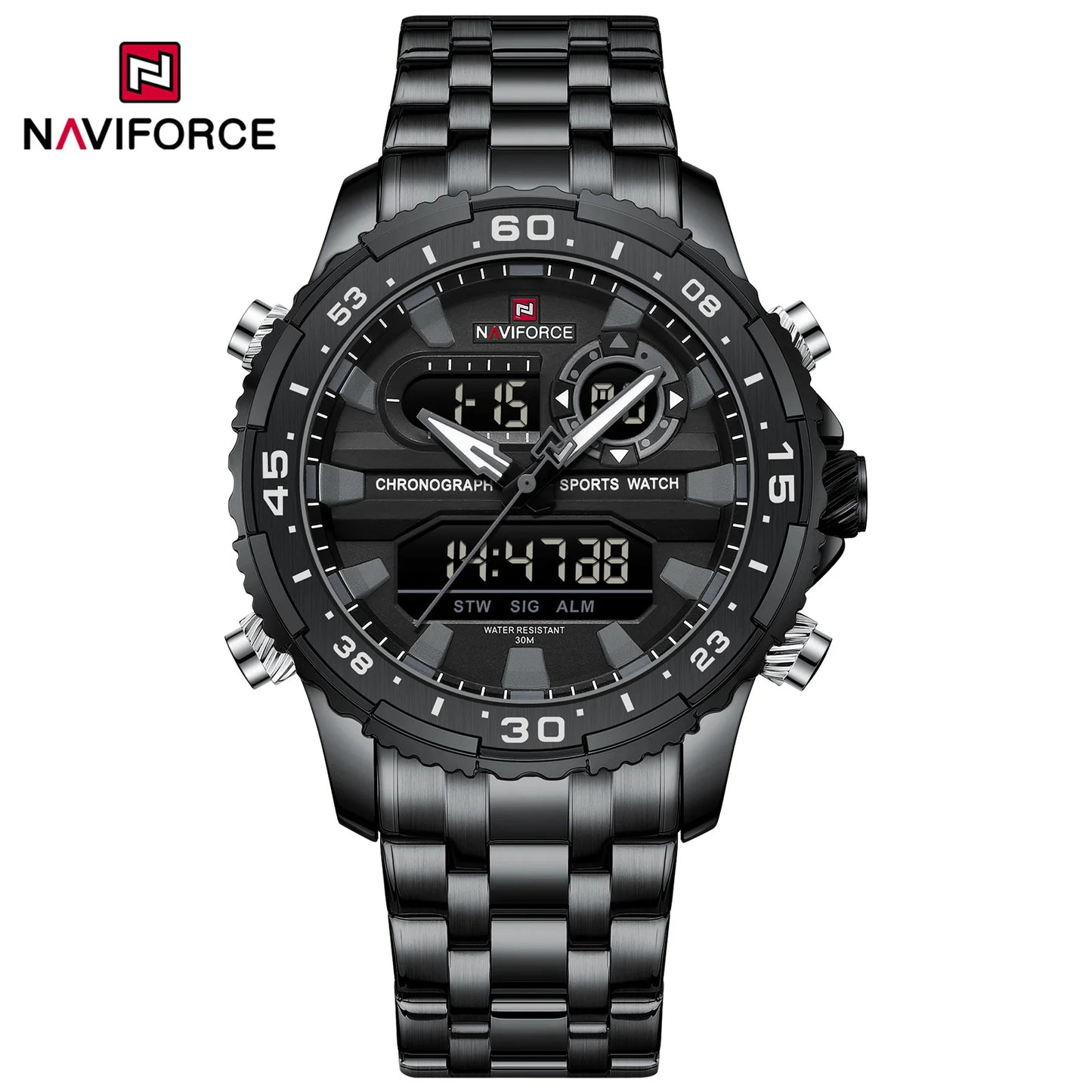 Men's Watch Quartz Analog LCD Digital Wristwatch Male Stainless Steel Strap Water Resistant Date Watch