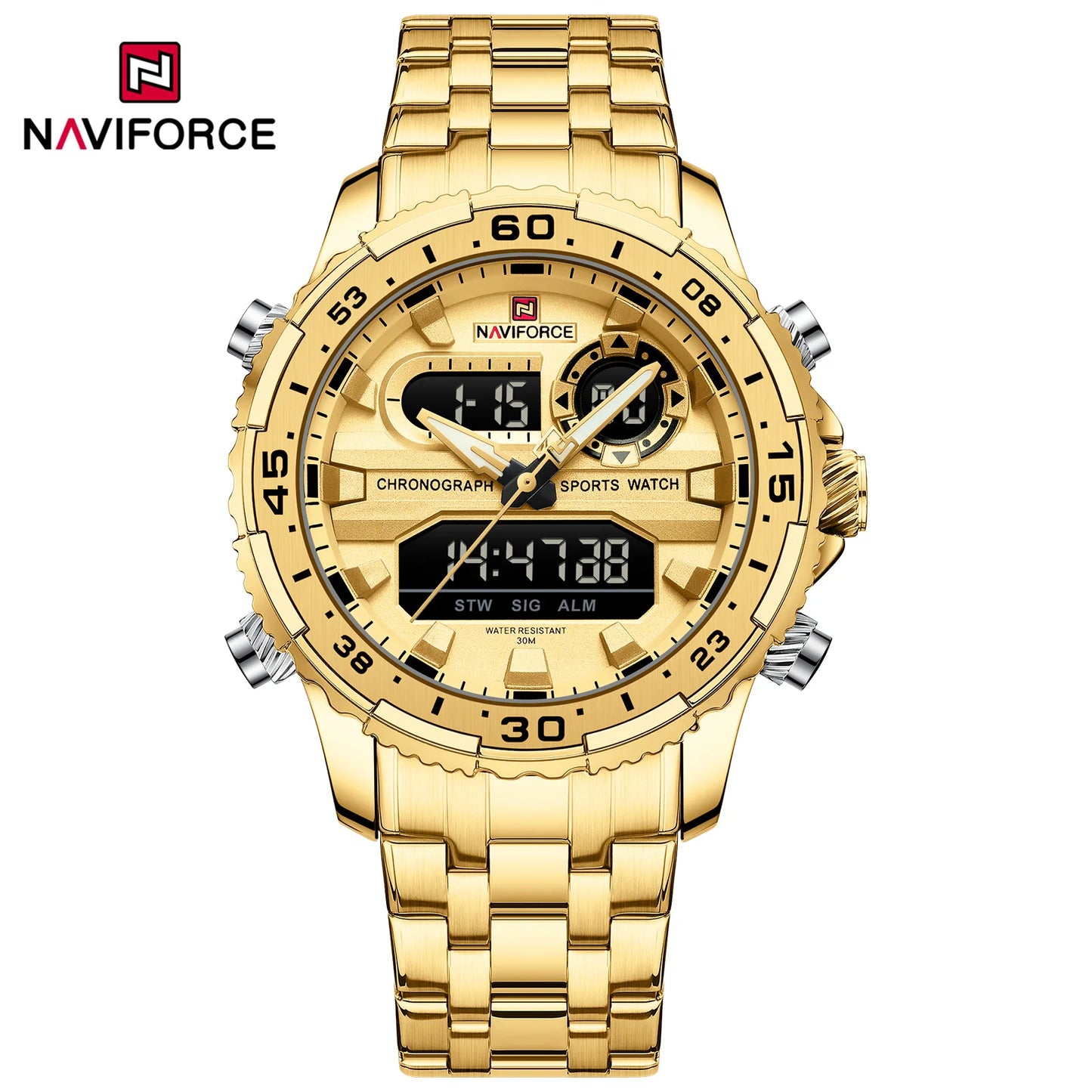 Men's Watch Quartz Analog LCD Digital Wristwatch Male Stainless Steel Strap Water Resistant Date Watch