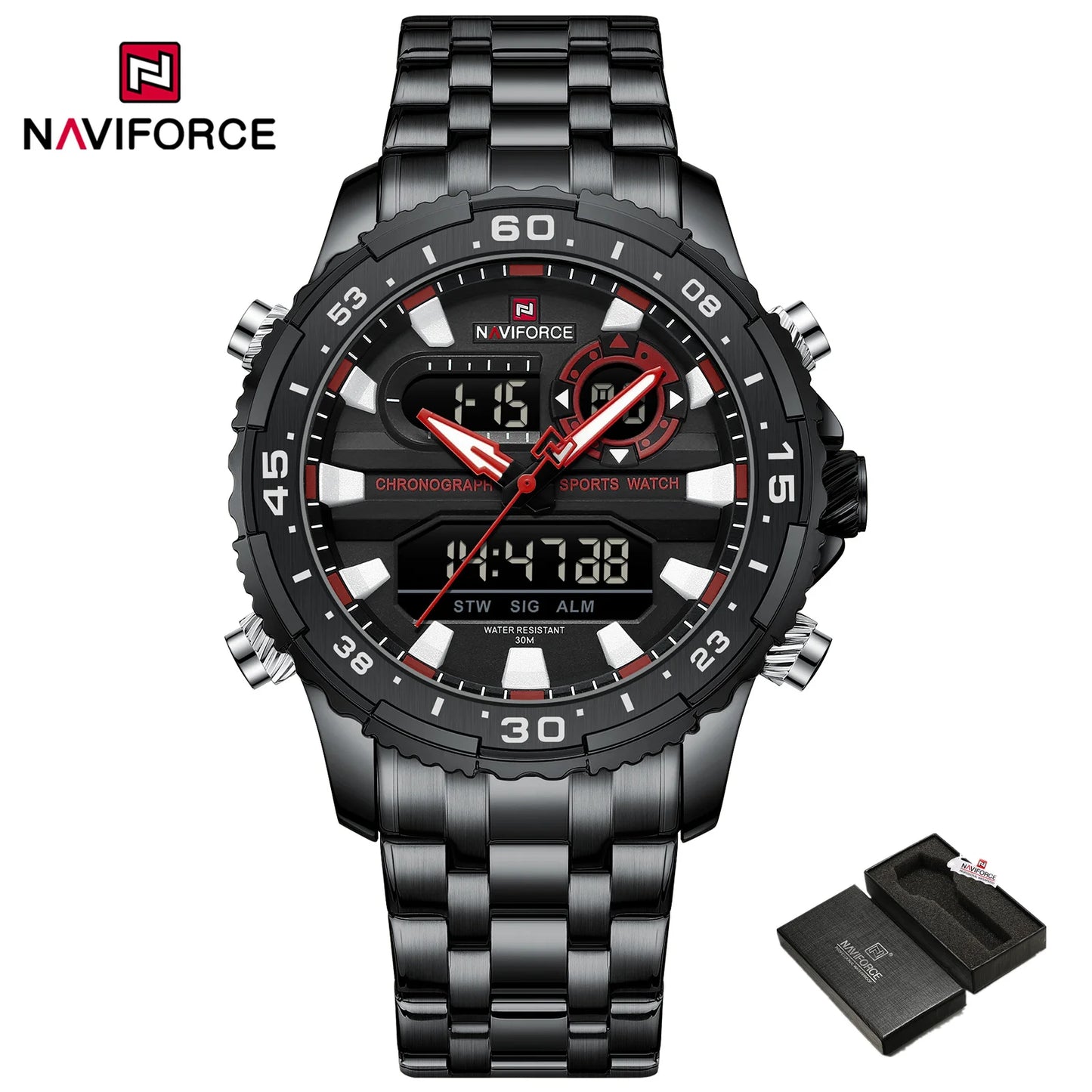 Men's Watch Quartz Analog LCD Digital Wristwatch Male Stainless Steel Strap Water Resistant Date Watch