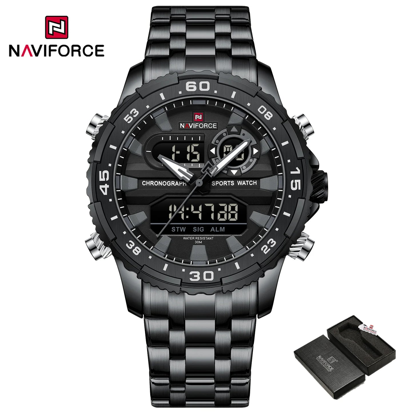 Men's Watch Quartz Analog LCD Digital Wristwatch Male Stainless Steel Strap Water Resistant Date Watch