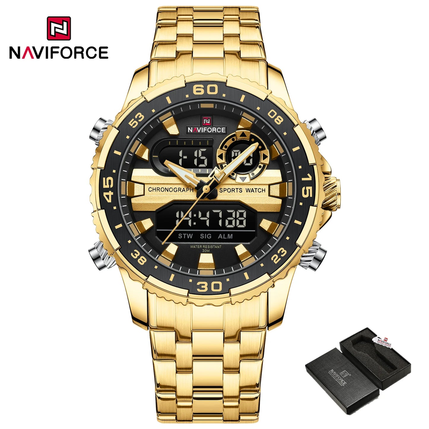 Men's Watch Quartz Analog LCD Digital Wristwatch Male Stainless Steel Strap Water Resistant Date Watch