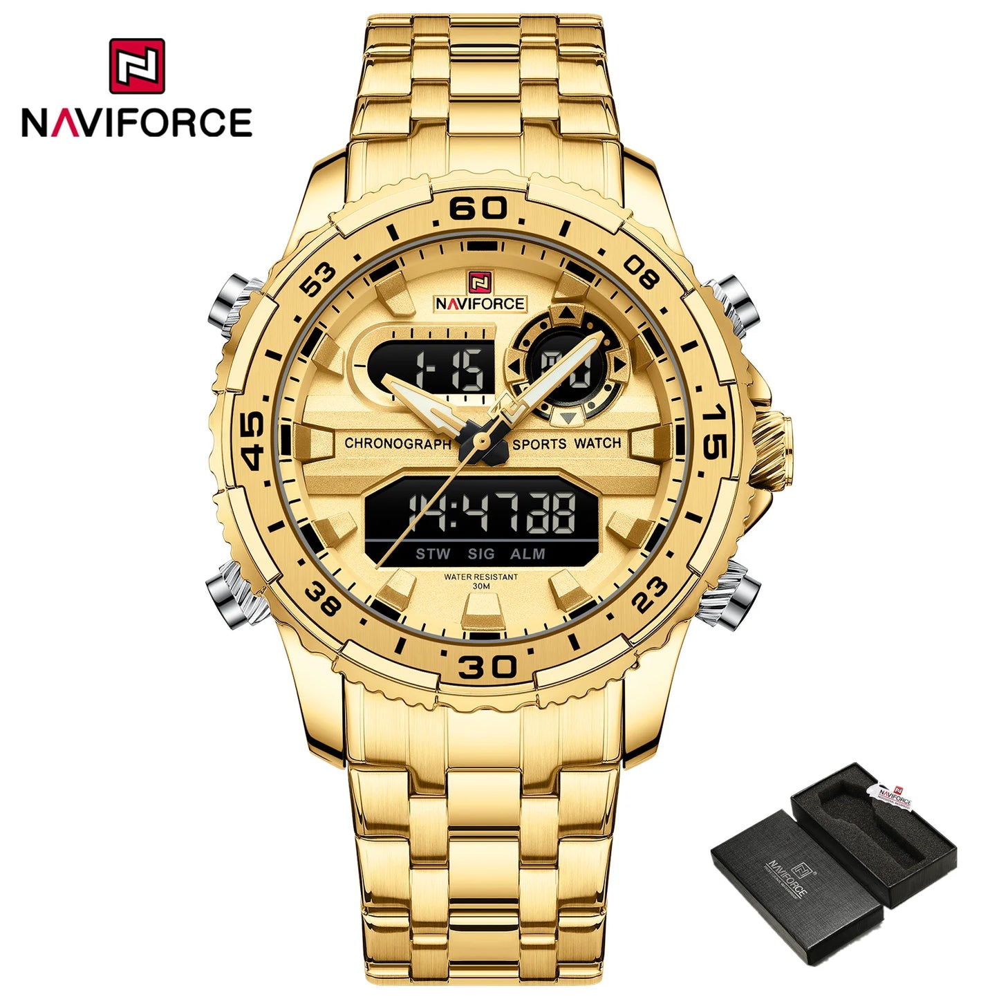 Men's Watch Quartz Analog LCD Digital Wristwatch Male Stainless Steel Strap Water Resistant Date Watch