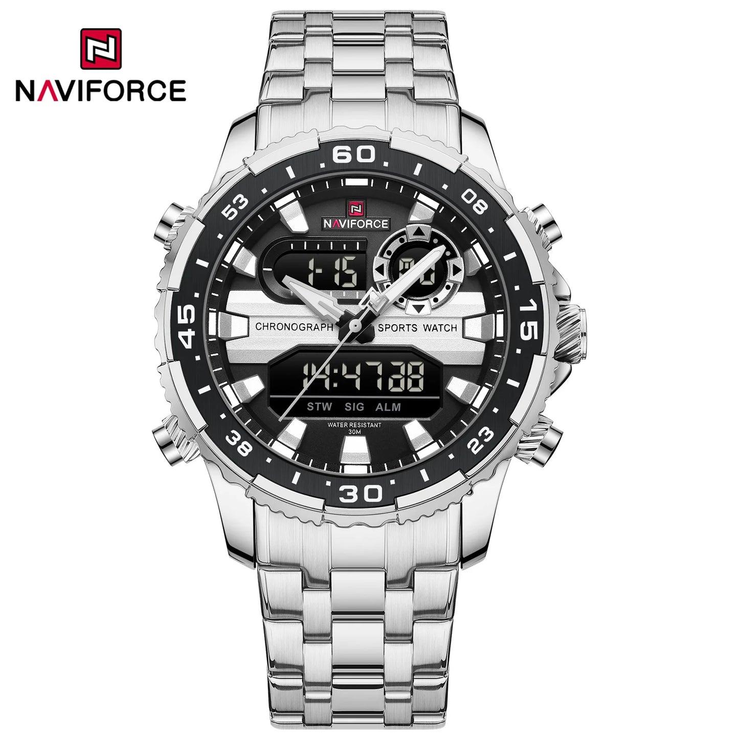 Men's Watch Quartz Analog LCD Digital Wristwatch Male Stainless Steel Strap Water Resistant Date Watch