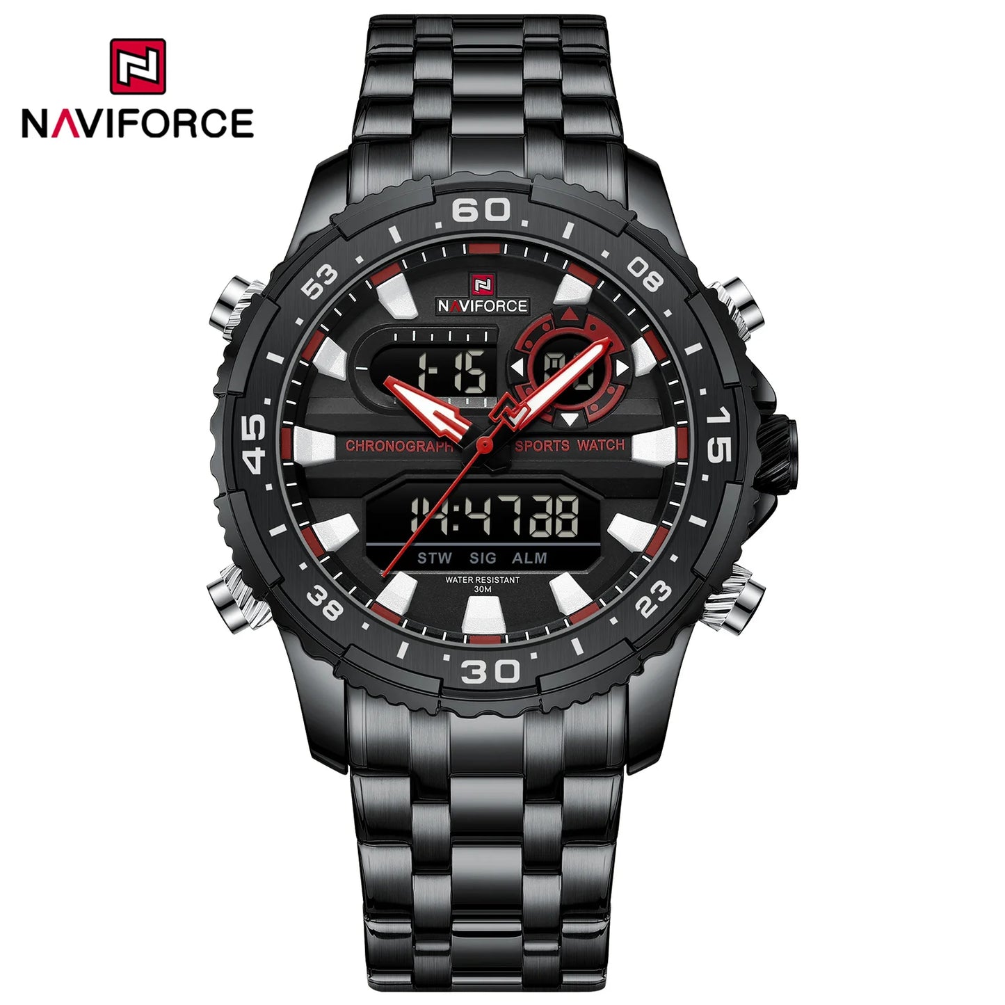 Men's Watch Quartz Analog LCD Digital Wristwatch Male Stainless Steel Strap Water Resistant Date Watch