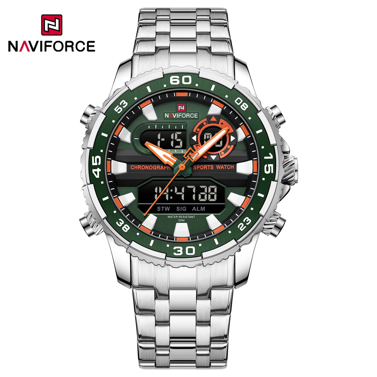 Men's Watch Quartz Analog LCD Digital Wristwatch Male Stainless Steel Strap Water Resistant Date Watch