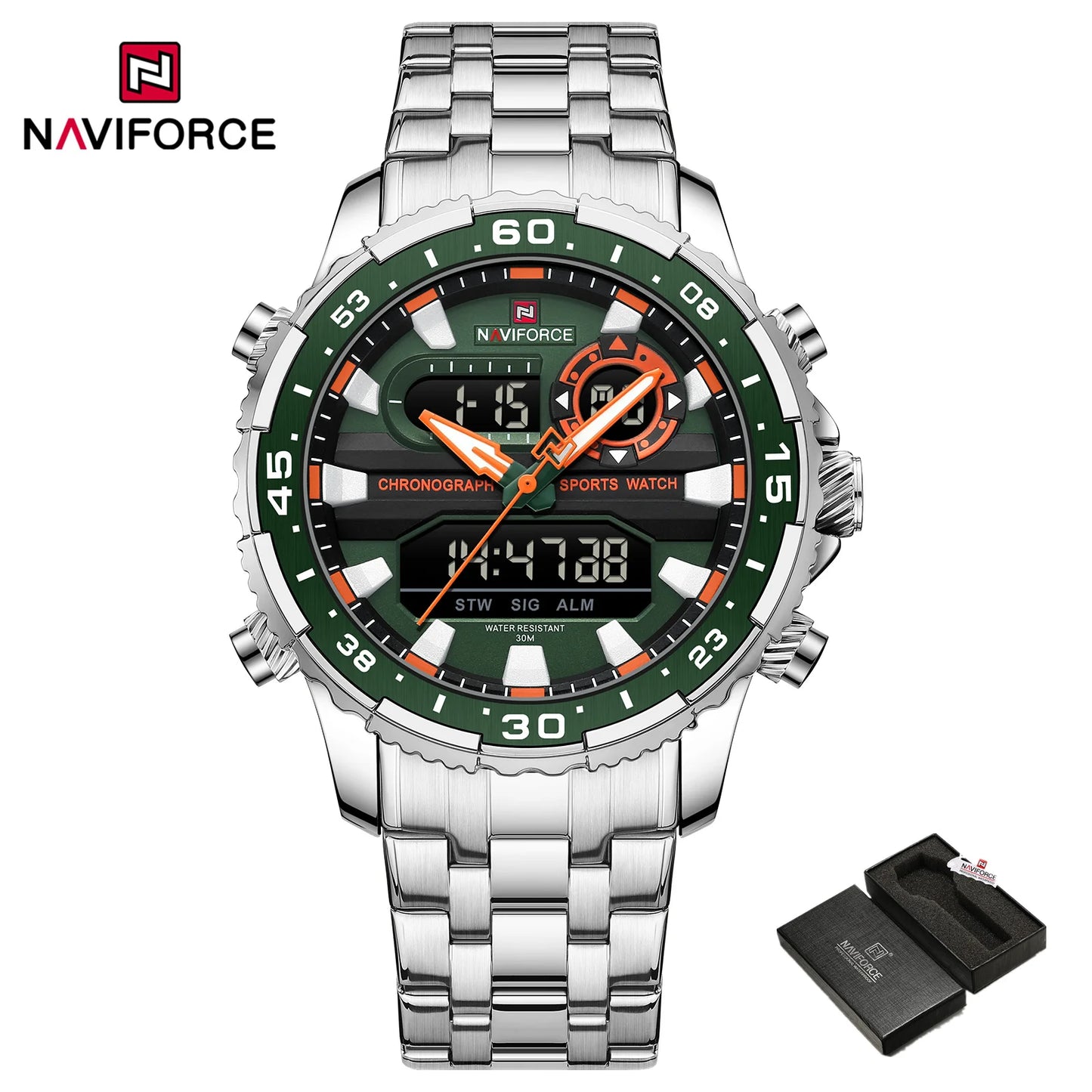 Men's Watch Quartz Analog LCD Digital Wristwatch Male Stainless Steel Strap Water Resistant Date Watch