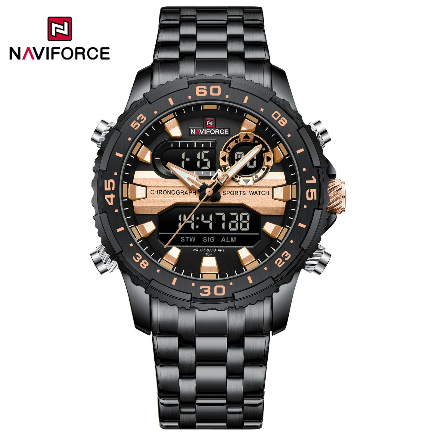 Men's Watch Quartz Analog LCD Digital Wristwatch Male Stainless Steel Strap Water Resistant Date Watch