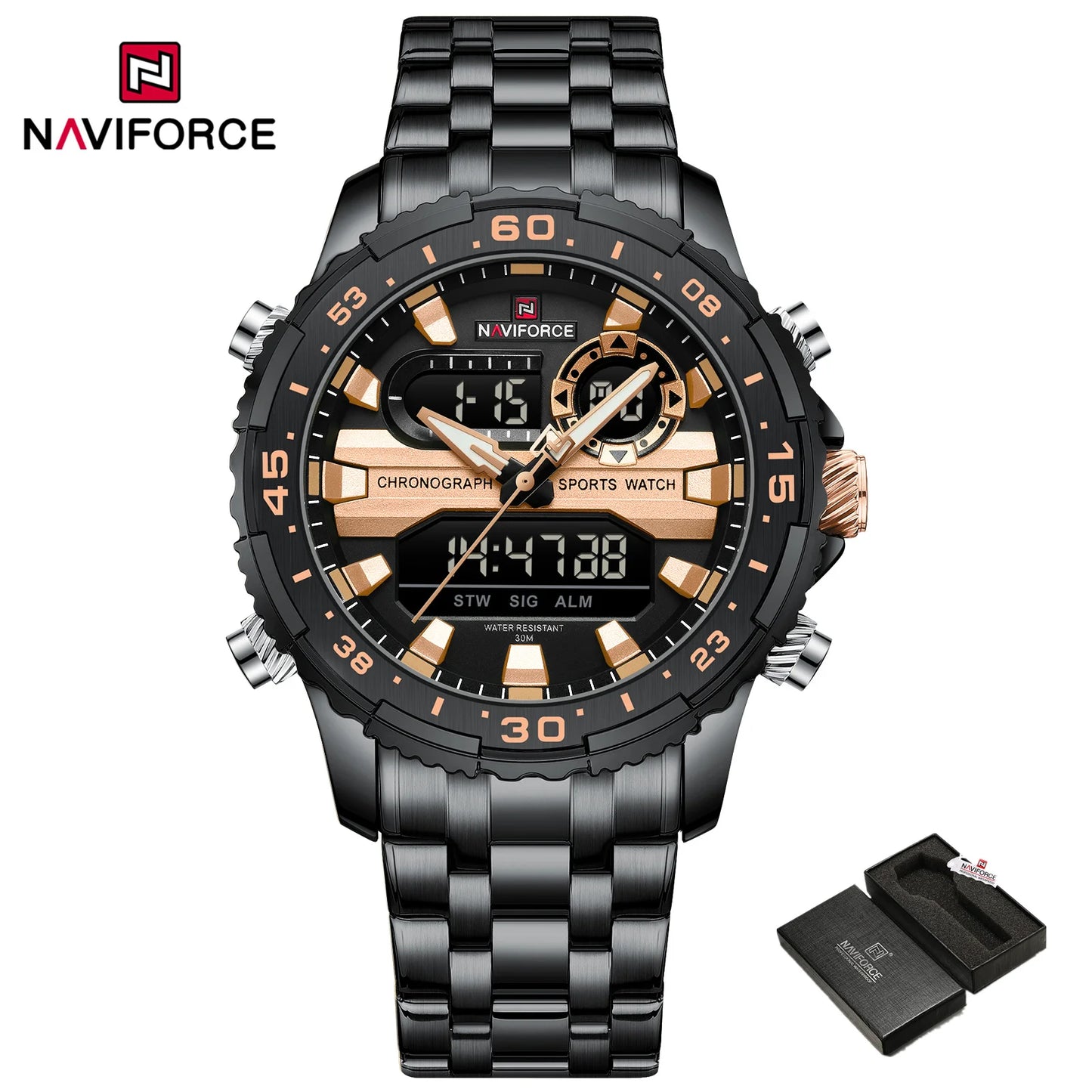 Men's Watch Quartz Analog LCD Digital Wristwatch Male Stainless Steel Strap Water Resistant Date Watch