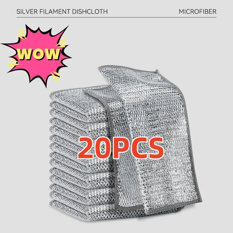 20pcs Single Double-sided Silver Wire Wipes Household Kitchen Stovetop Dishwashing Non-stick Cleaning Cloth Wire Dish Cloth