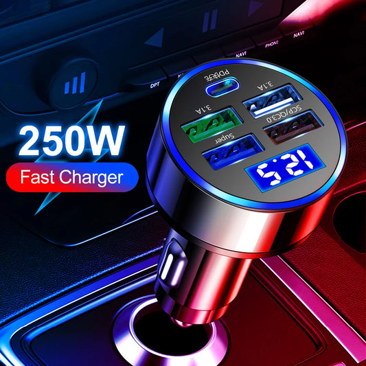 250W LED Car Charger | 5-Port PD QC3.0 USB-C Adapter for iPhone & Android