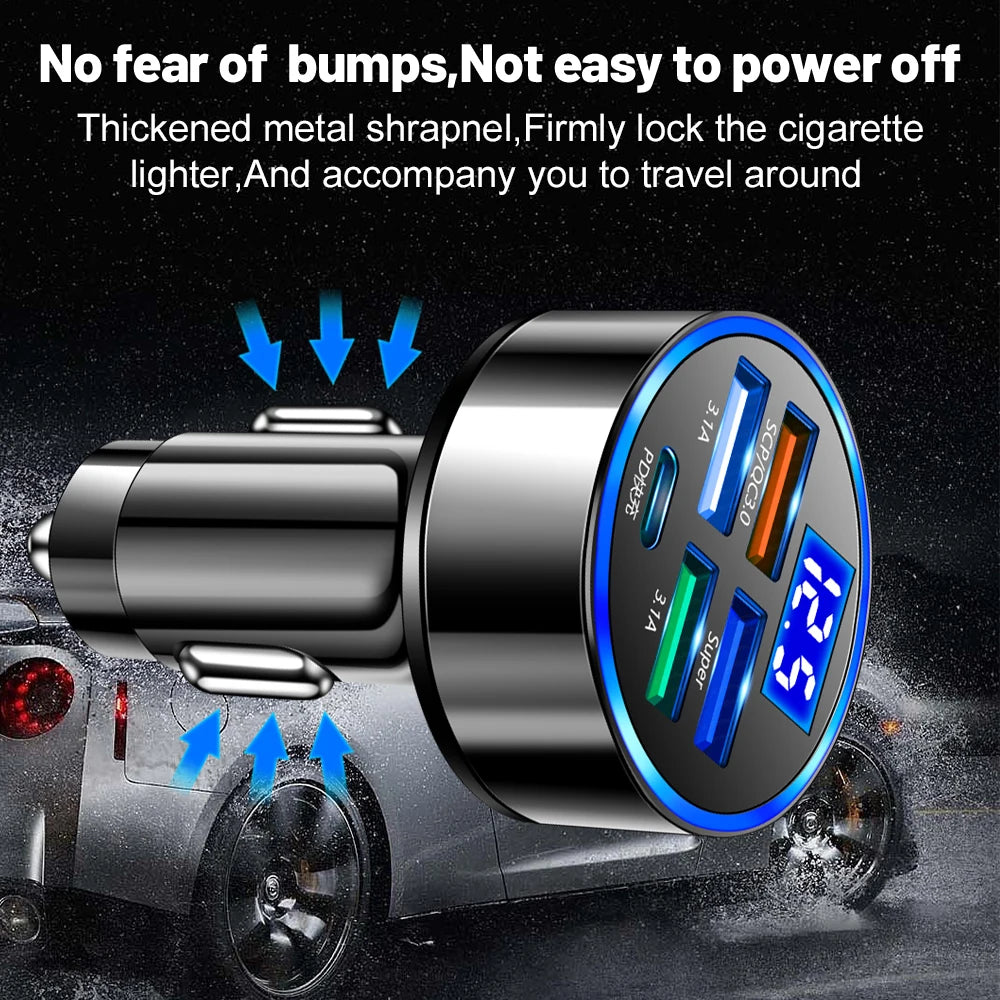 250W LED Car Charger | 5-Port PD QC3.0 USB-C Adapter for iPhone & Android