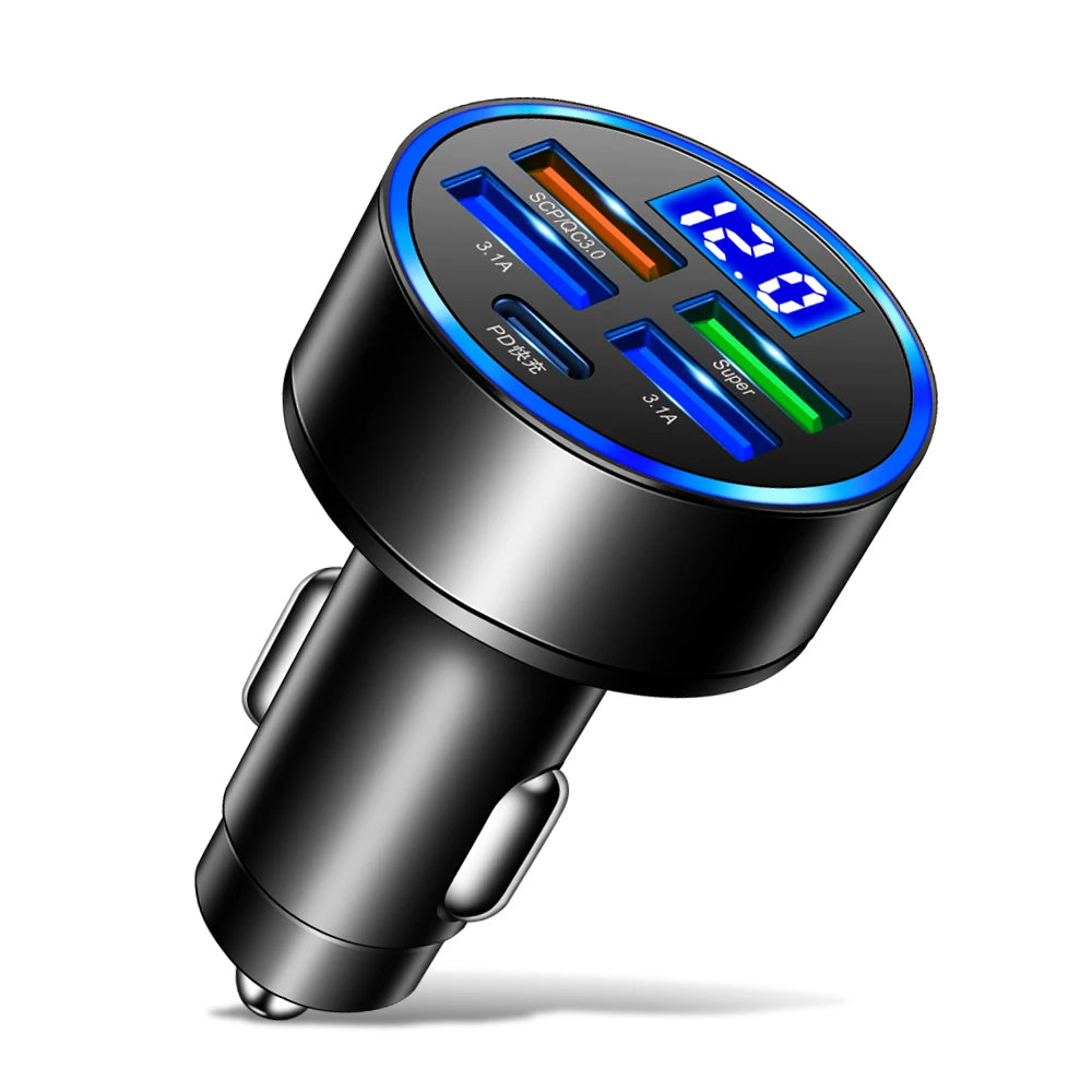 250W LED Car Charger | 5-Port PD QC3.0 USB-C Adapter for iPhone & Android