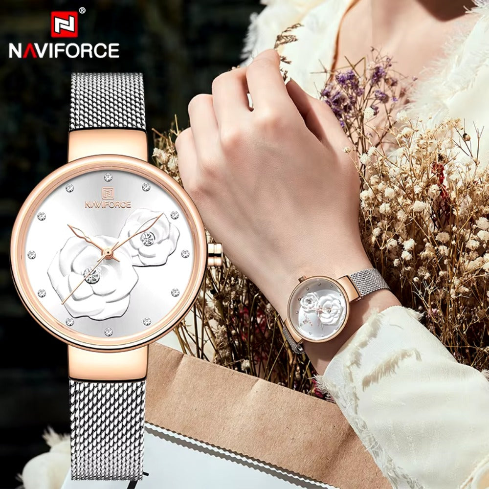 Women Watch Steel Mesh Waterproof Ladies Watches Flower Quartz Female Wristwatch Charming Girl Watch