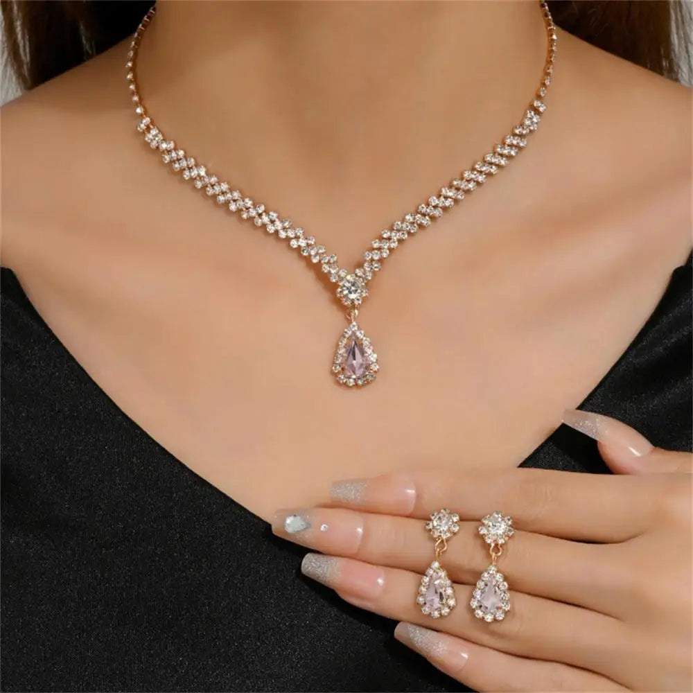 2pcs/set Elegant Waterdrop Rhinestone Jewelry Set - Necklace & Earrings for Bridal Wear