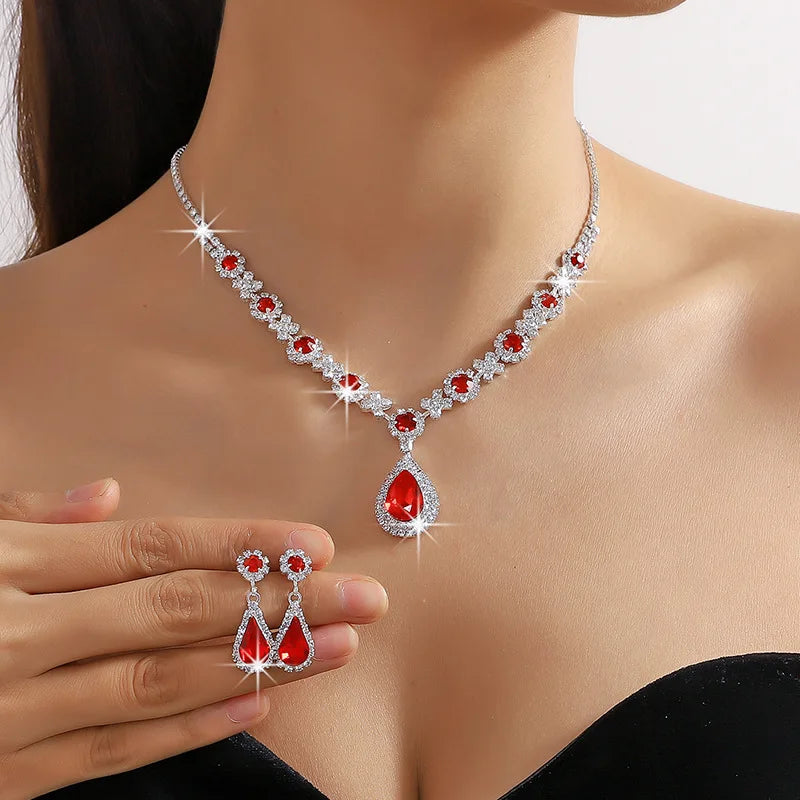 2pcs/set Elegant Waterdrop Rhinestone Jewelry Set - Necklace & Earrings for Bridal Wear