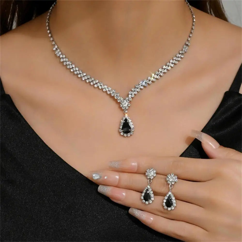 2pcs/set Elegant Waterdrop Rhinestone Jewelry Set - Necklace & Earrings for Bridal Wear