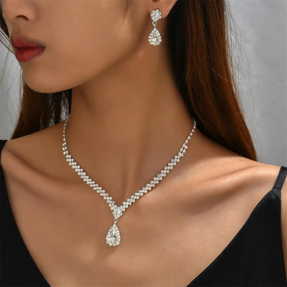 2pcs/set Elegant Waterdrop Rhinestone Jewelry Set - Necklace & Earrings for Bridal Wear