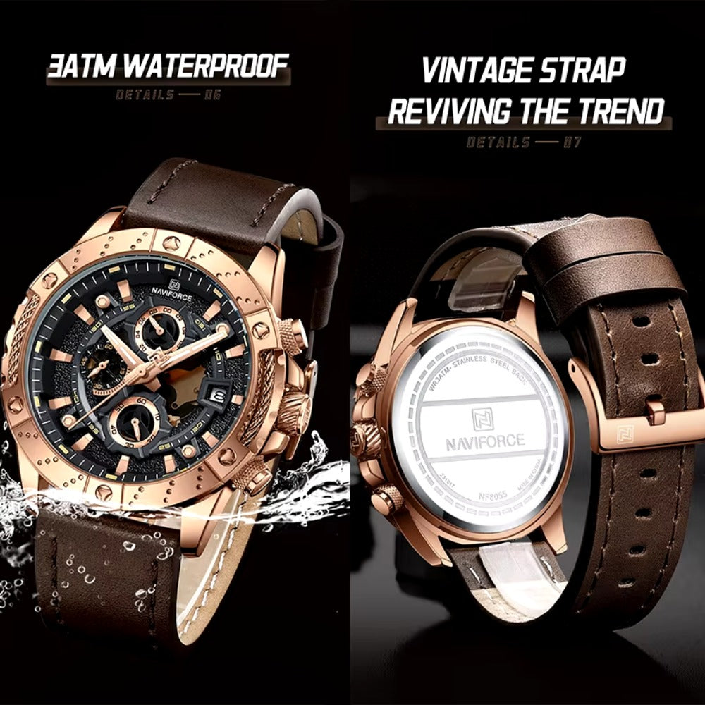 Sport Watches for Men Leather Strap Luxury Chronograph Military Quartz Wristwatch Fashion Casual Waterproof Watch