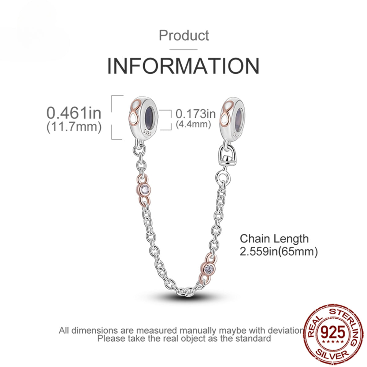 925 Sterling Silver Safety Chain Charm Fits Bracelets Women Jewellery Gift