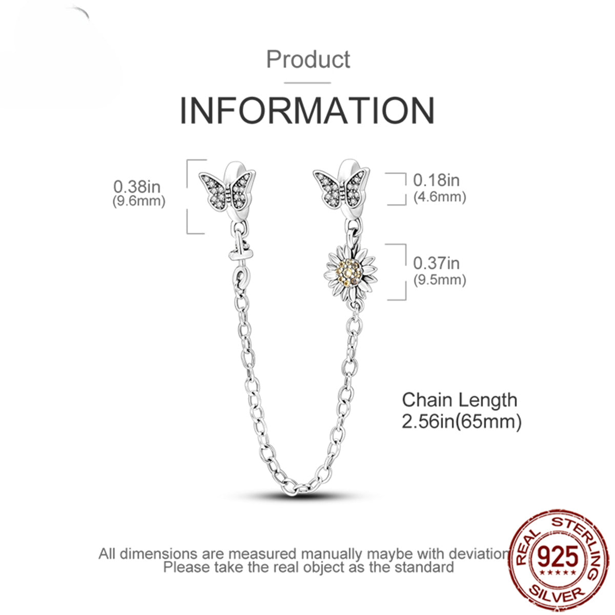 925 Sterling Silver Safety Chain Charm Fits Bracelets Women Jewellery Gift