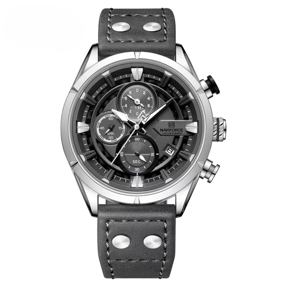 Men Watch Waterproof Genuine Leather Strap Military Sport 1/10 Second Chronograph Date Quartz Wristwatch