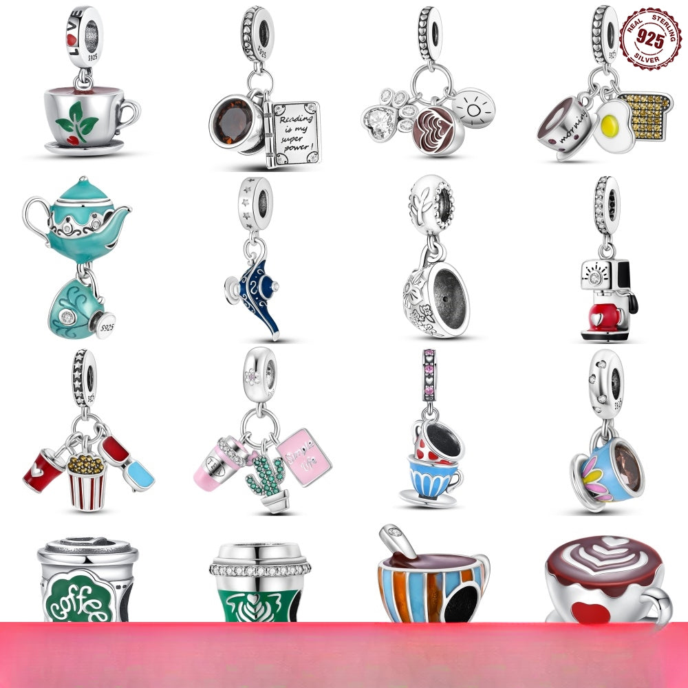 925 Sterling Silver Teacup Coffee Pendant Beads Fit DIY Bracelets Women Jewelry