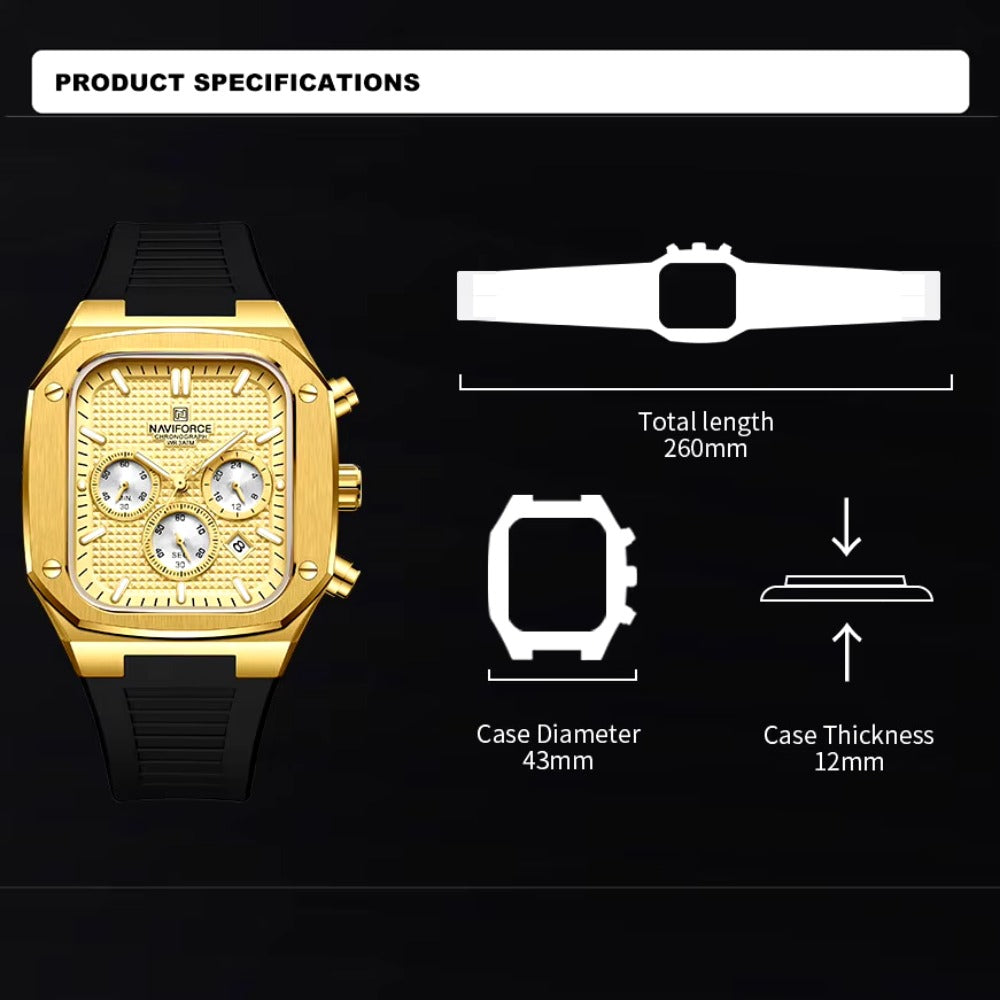 Gold Watches for Men Fashion Silicone Strap Quartz Square Wristwatch Waterproof Luminous hands Date Wach