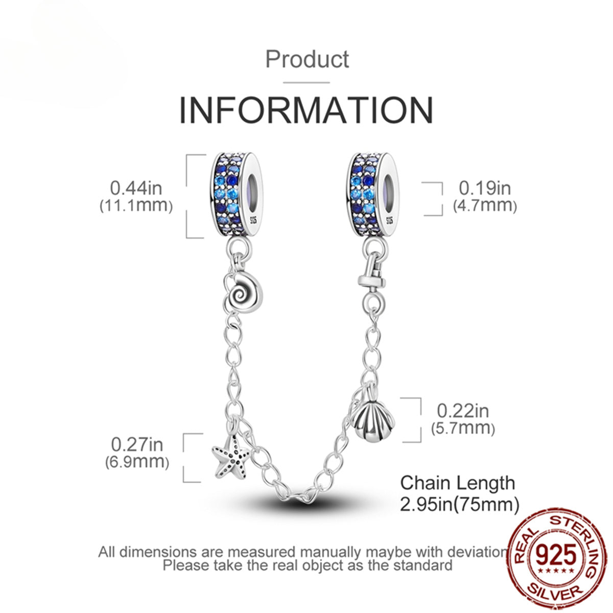 925 Sterling Silver Safety Chain Charm Fits Bracelets Women Jewellery Gift