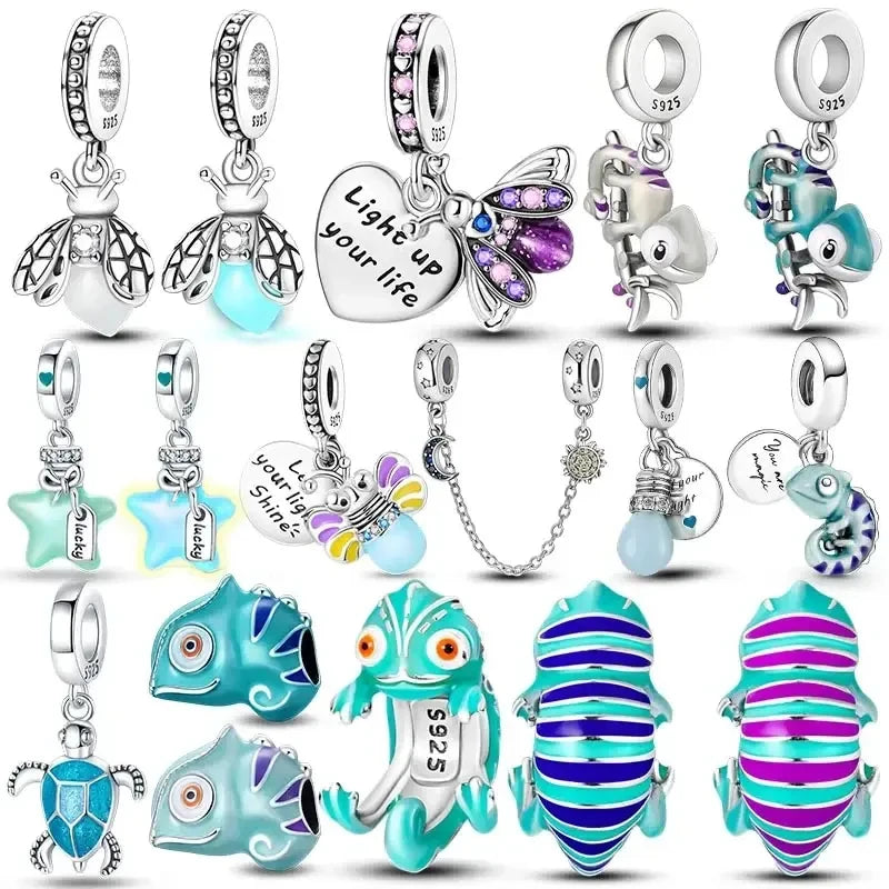 Silver Charm Chameleon Glowworm Light Bulb Firefly Star Moon Pendant Fit Original Charms Bracelets