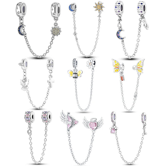 925 Silver Plated Sun Moon Stars Insect Angel Safety Chain Charms Fit Original Chain Bracelet