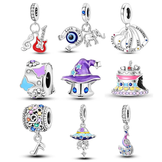 925 Silver Romantic Notes Guitar Cake Magic Hat Peacock Beads Fit Original Charm Bracelets