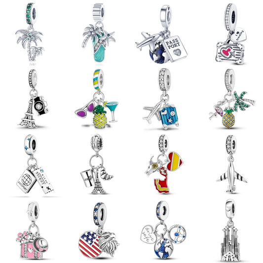 925 Sterling Silver Airplane Luggage Travel Charms Fit DIY Bracelets Women Gift