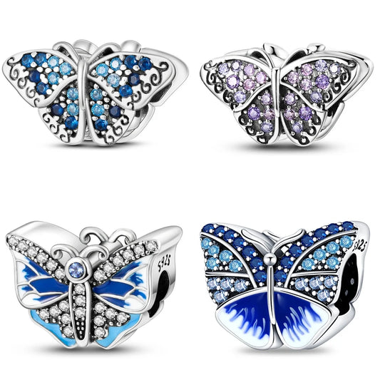 925 Sterling Silver Blue Butterfly Charm Beads for Women DIY Bracelets Jewelry Gift